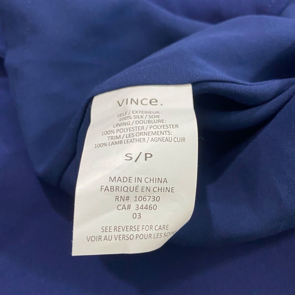 Vince Silk Tunic Dress Cap Sleeve V Neck Mini Blue Lamb Leather Trim Popover S - Picture 8 of 10